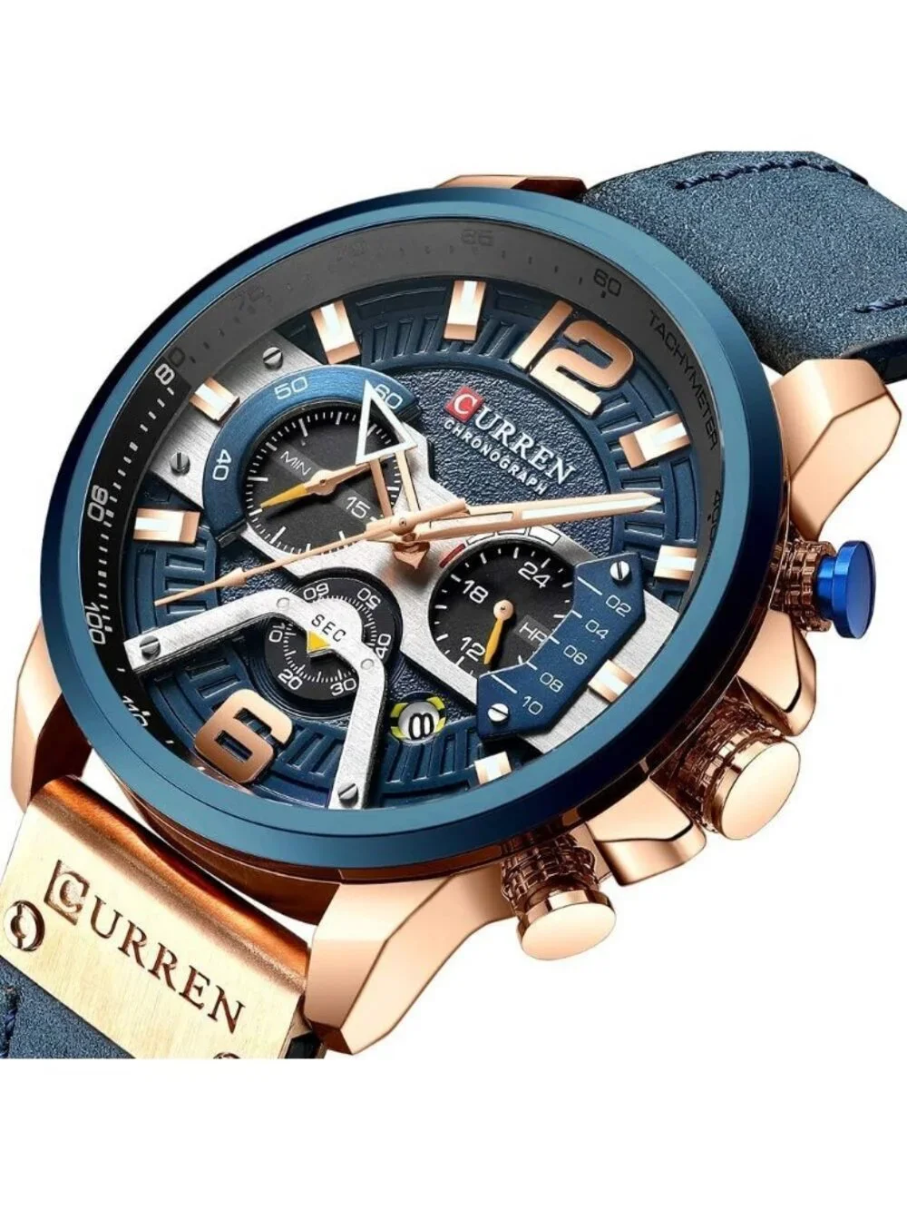 Men's Blue Rose Gold Analog Waterproof Leather Strap Chronograph Luxury Watch